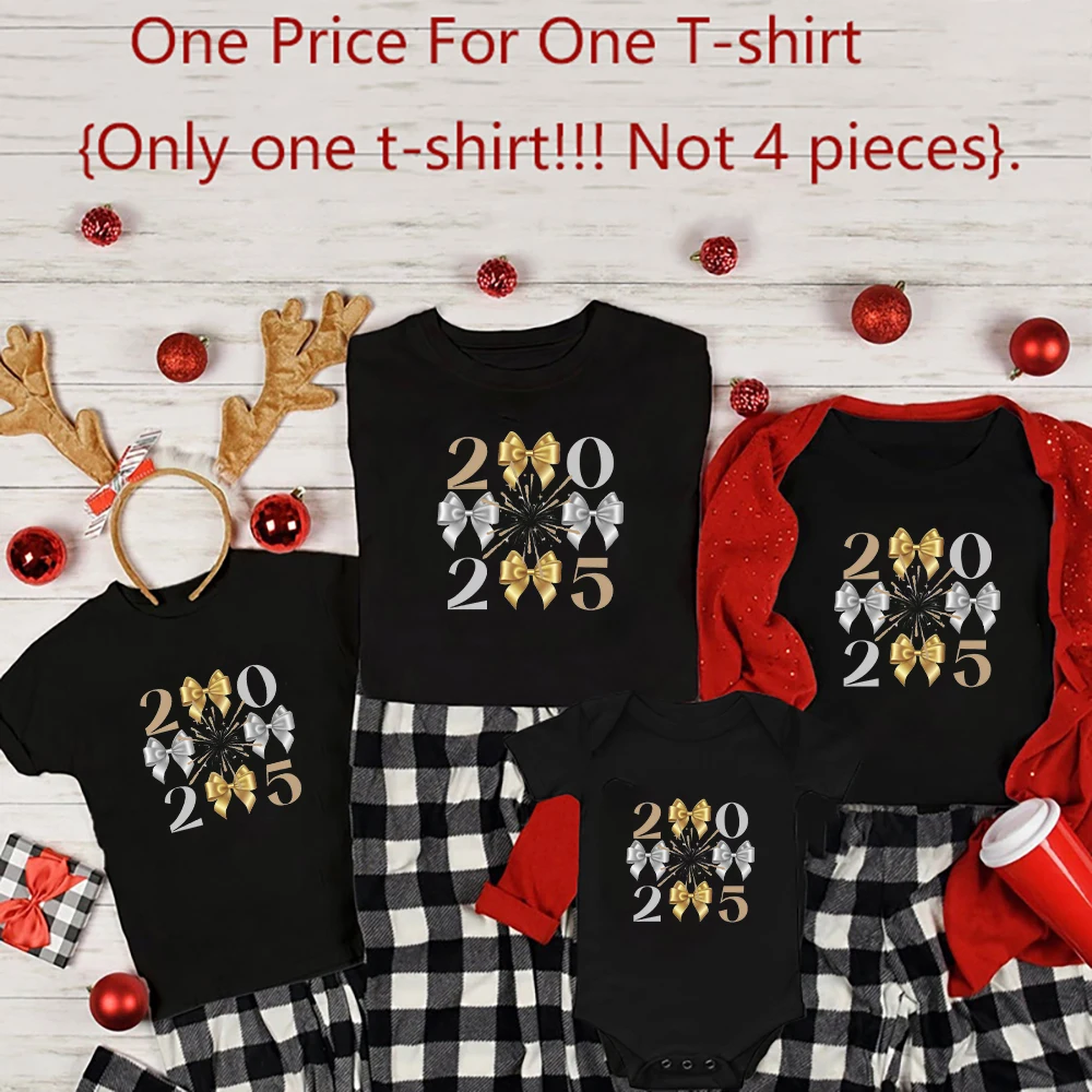 2025 Bow Pattern Family Matching Shirt Happy New Year 2025 Family Crew Ouftits Father Mother Girls Boys Tshirt Baby Romper