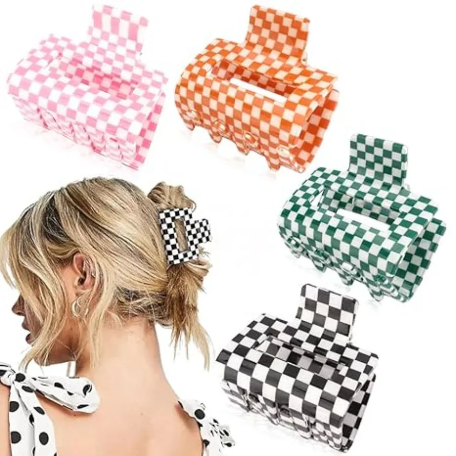 

4 Pack Checkered Hair Claw Clips for Thin Hair Y2k Hair Accessories 2" Small Hair Clips for Thick Hair Cute Hair Clips for Women Girls, Y2K