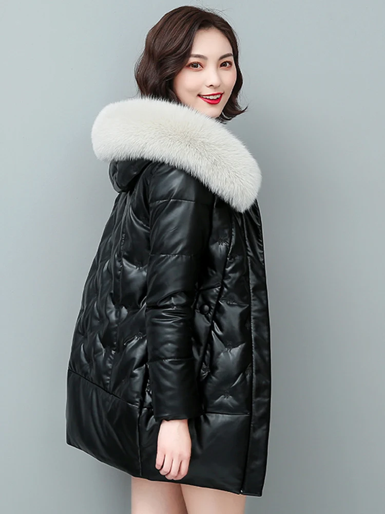   Abrigo de Piel Sintética de Longitud Media para Mujer, Marca Ning, de Cuero Genuino, Nuevo Modelo de Invierno 2025, Estilo Coreano, Holgado