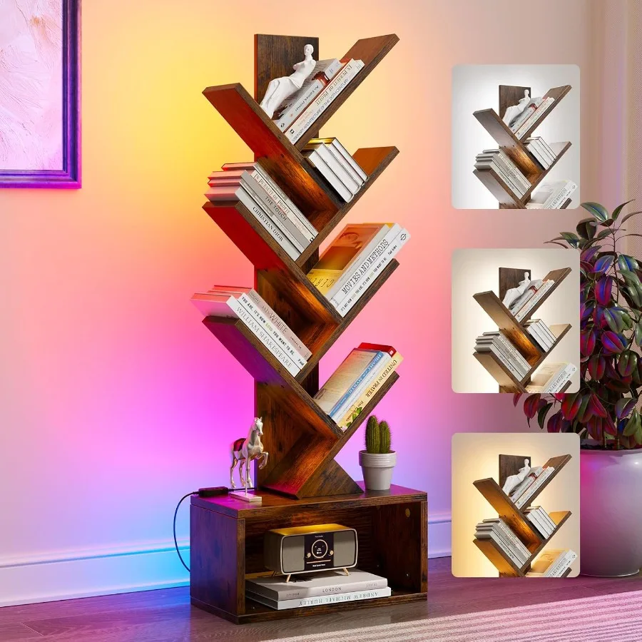 

6 Tier Tree Bookshelf with Lights LED Book Tree Bookshelf with Storage Organizer Small Corner Bookcase Floor Standing Book Shel