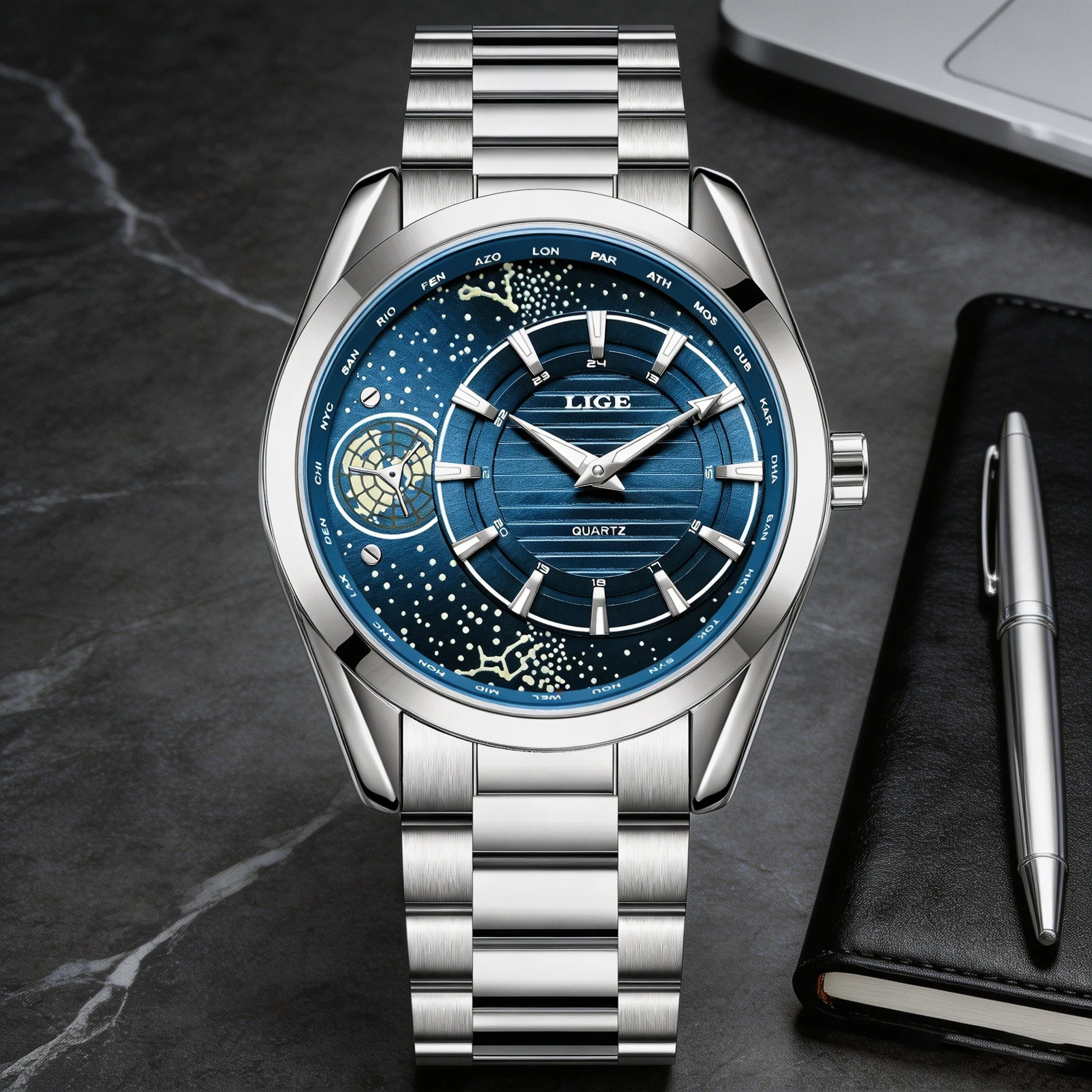 LIGE New Fashion Men Quartz Watch Rotating Earth Dial Of Creative Blue Planet Pointer Steel Band Waterproof Men Watch Reloj