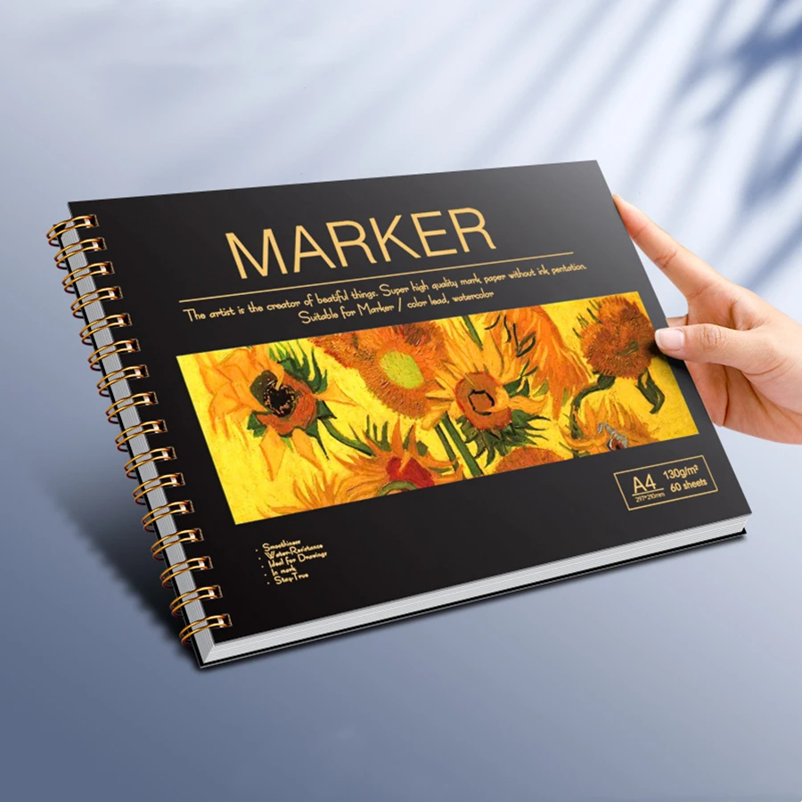 A4/8K Markers Drawing Book, 60Sheets Hard Cover Spiral Bleedproof Marker Paper Pad Artist Paper,For Adults Students Sketching