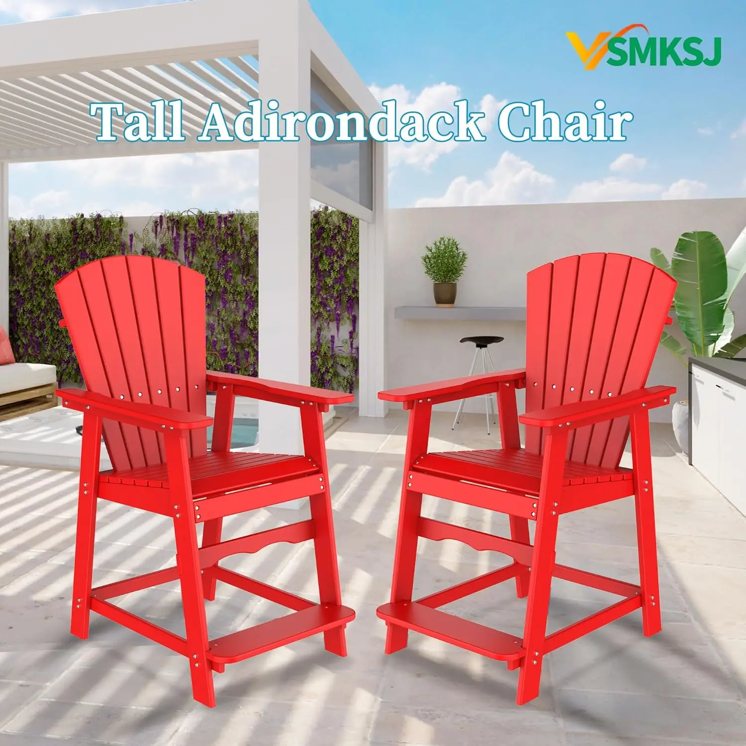 Tall Adirondack Chair, Hdpe Adirondack Chair With Footrest,Patio Bar Stools (Red, 1Pcs)