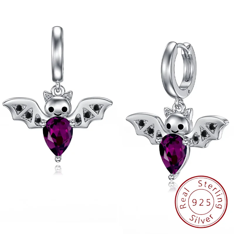 

925 Sterling Silver Cute Bat Earrings - Purple Cubic Zirconia Dangle Earrings for Halloween Party Birthday Gift