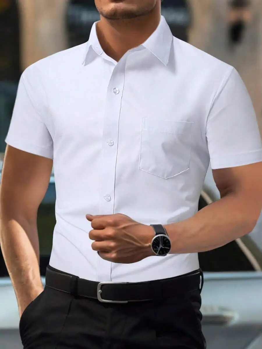 

Men's Solid White Short Sleeve Button-Down Shirt for Business Casual Wear