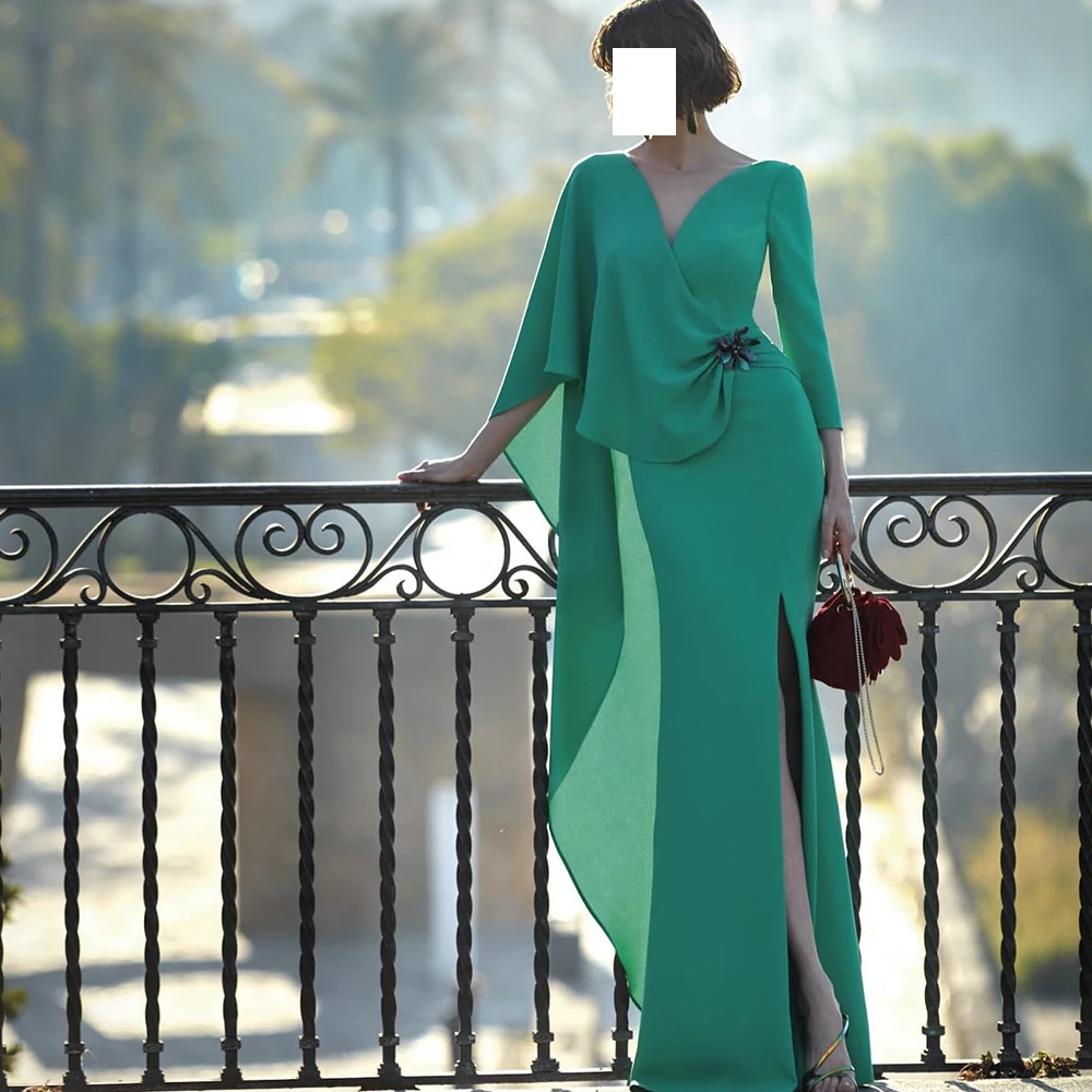 

Formal Green Straight Floor Length Evening Dress Classic V Neck Sweep Train Jersey Pleats Long Sleeves Vestido De Festa 2024