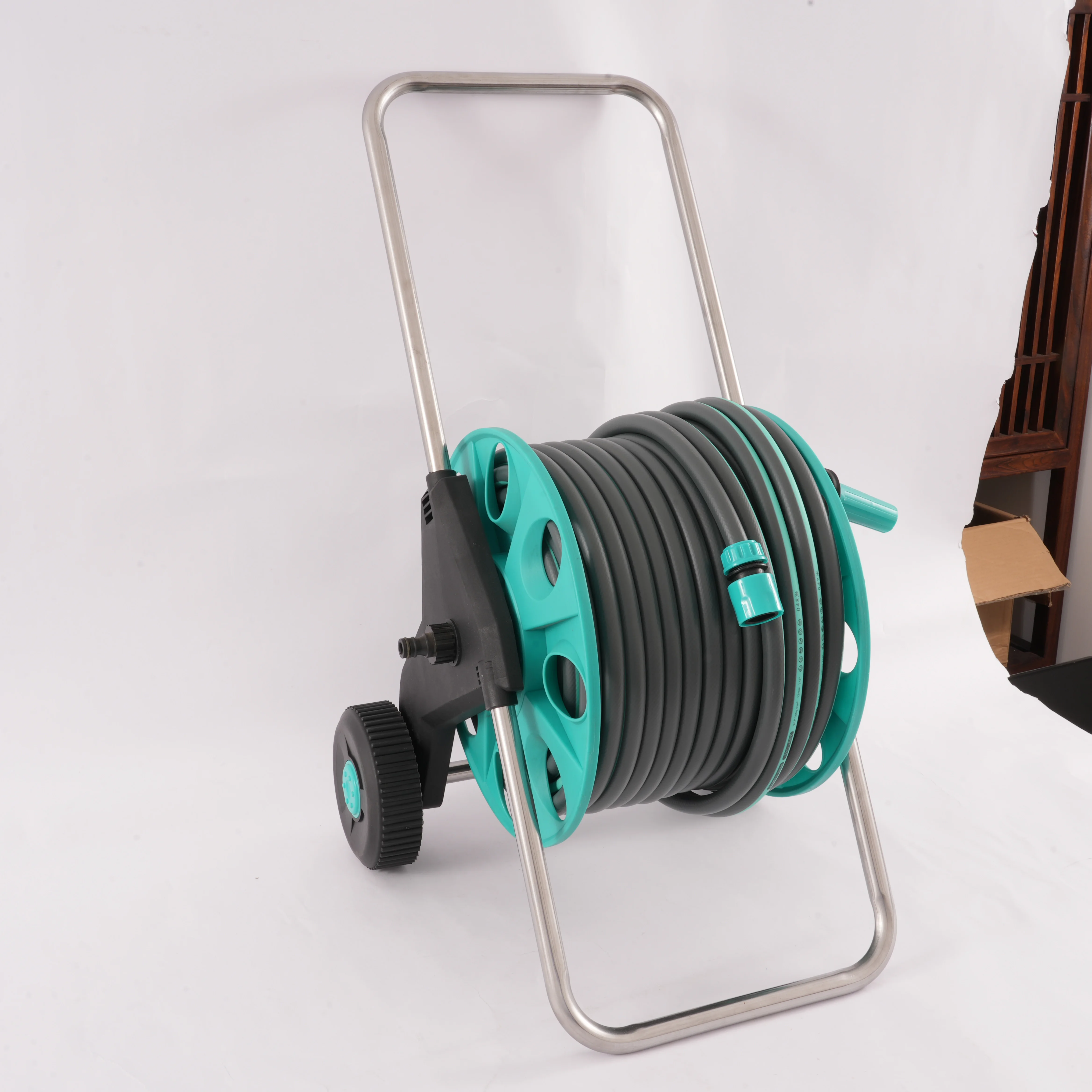 Multifunctional wheeled metal-plastic flexible telescopic hose reel truck for industrial planting and lawn watering