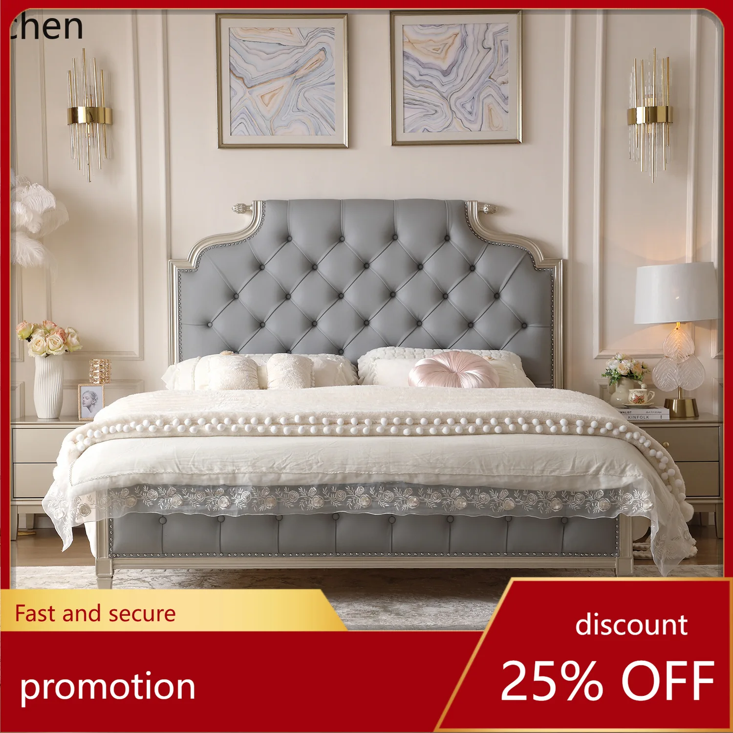 

HXL Solid Wood Master Bedroom Light Luxury Large Bed Soft Upholstered Double Bed