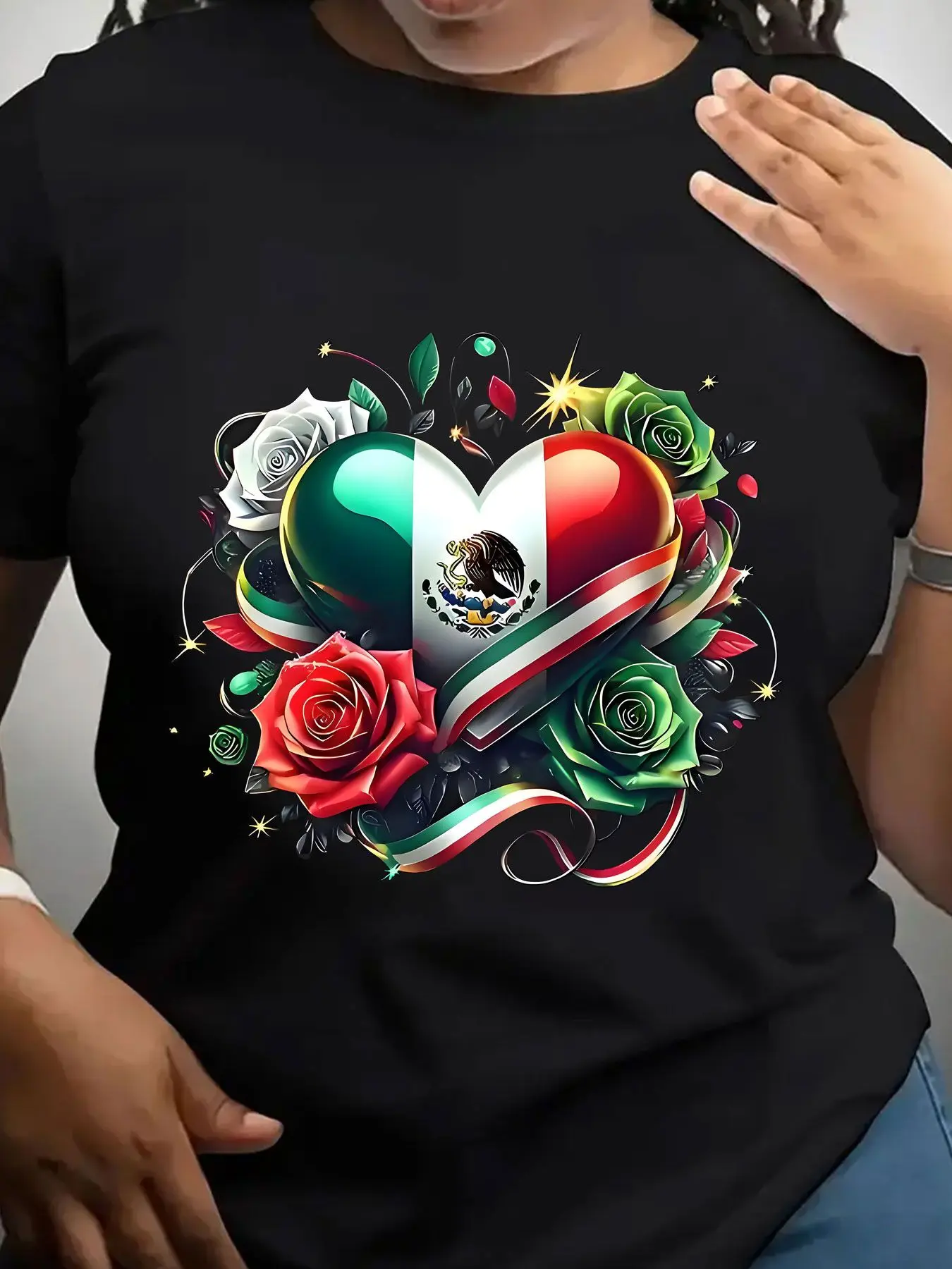 Women's Trendy Crew Neck T-Shirt Mexican Flag Heart Rose Design Suitable for Casual Sportswear