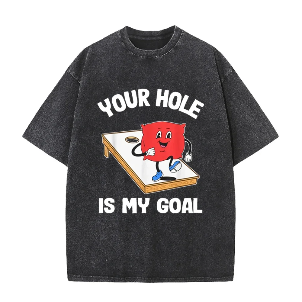 2026 Funny Cornhole Game T Shirt Vintage Washed Black Humor Graphic Tee Unisex Casual Party Top