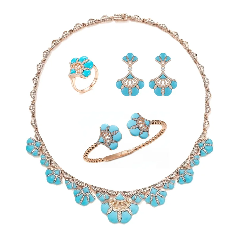 Designer Collection Style Ring Earrings Bracelet Necklace Inlay Cubic Zircon Pink Opal Malachite Turquoise Party Jewelry Set