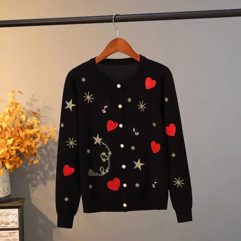 

Womens Knit Cardigan Red Heart Star Embroidered Sweater