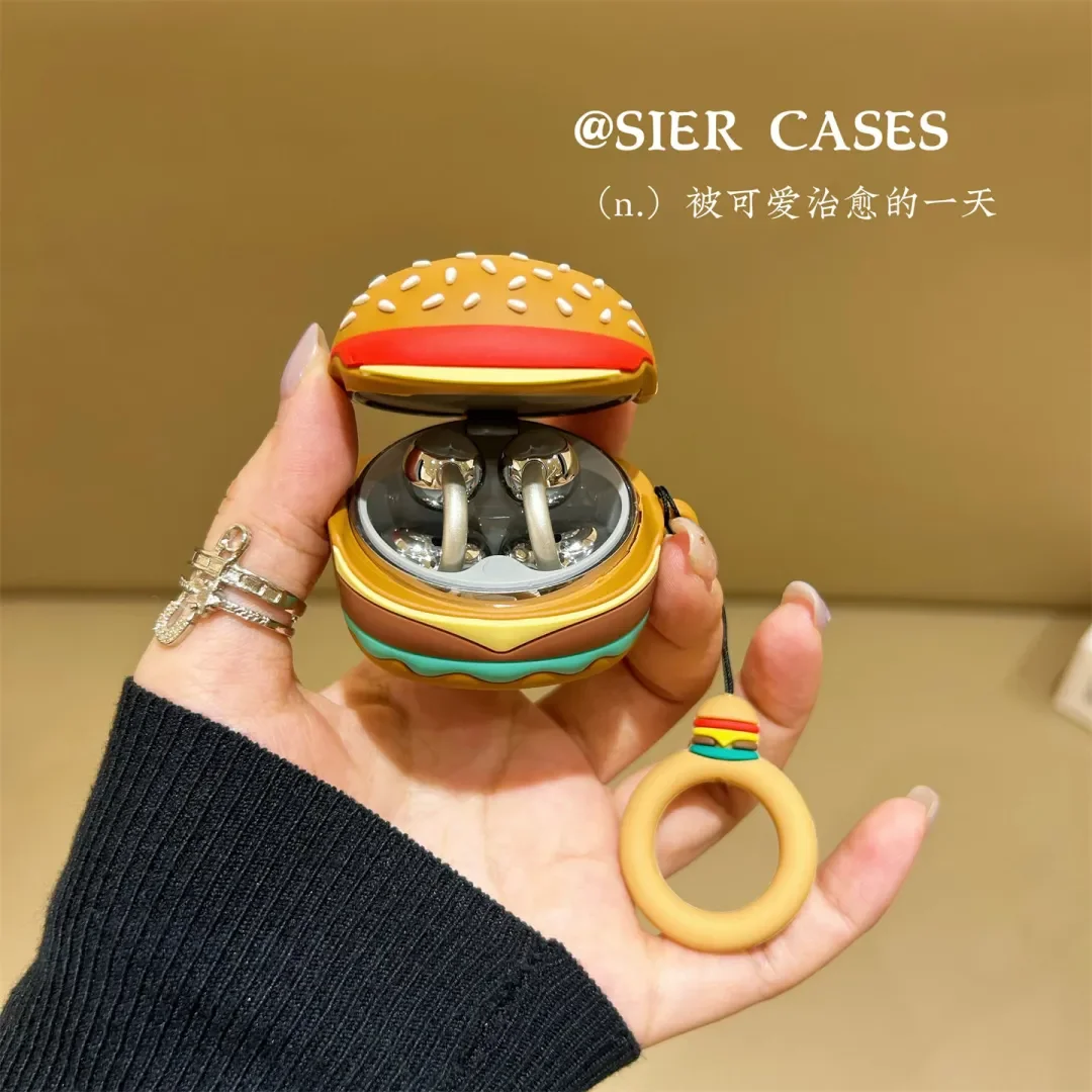Case For Huawei Free Clip 2S, Hamburger Silicone Cartoon Full Protective Anti-drop Soft Cover With Keychain Protective Sleeve