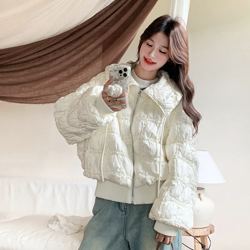 Fashion Versatile down jacket women's 2025 winter new college style lapel collar puff plaid thick and warm down jacket