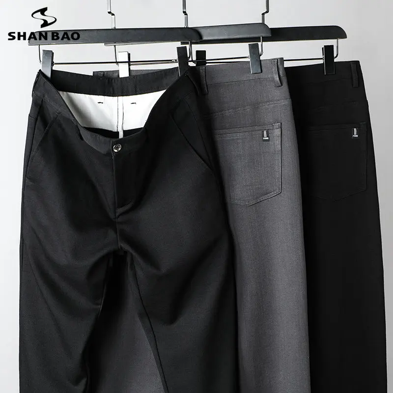 Spring & Summer 2023 New High Waist Stretch Men's Fitted Straight Leg Black Pants Business Casual Imitation Denim Cloth Trousers