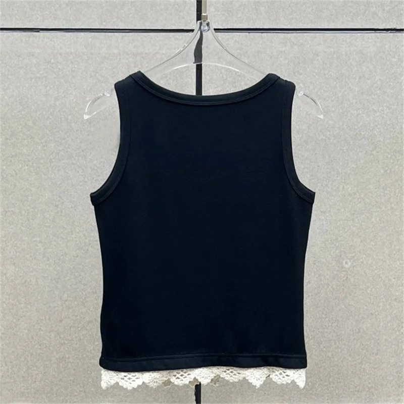 Chaleco de mujer nuevo top sin mangas de retazos de encaje para invierno 2025 mezcla de algodón cuello redondo Camiseta corsé de punto acanalado elástico y2k