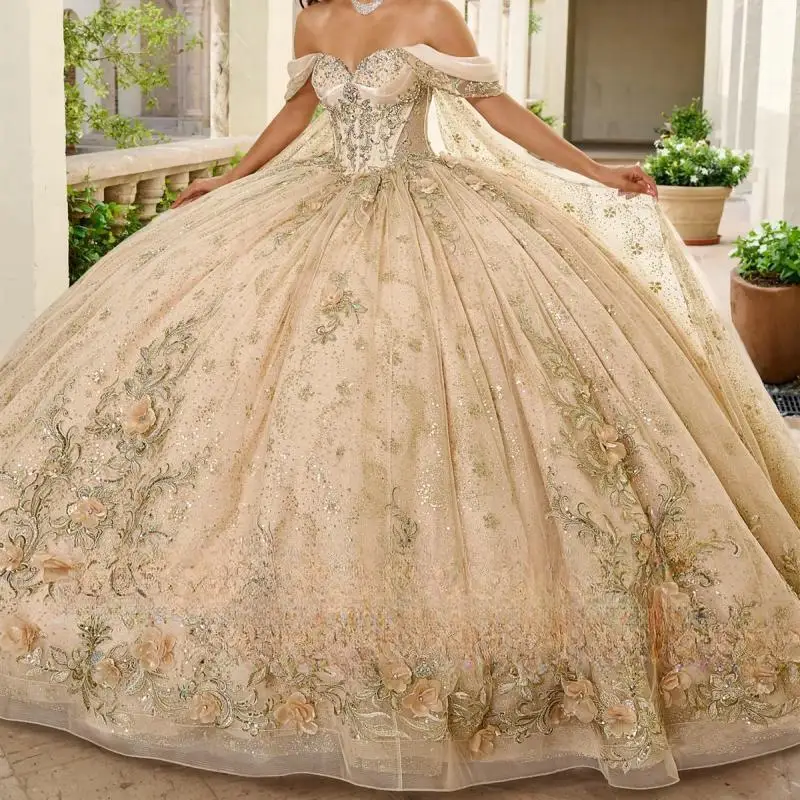 

Long Strapless Shawl Sleeve Dress Princess Quinceanera Dresses Luxurious crystal transparent hard Vestidos De 15 Anos customized