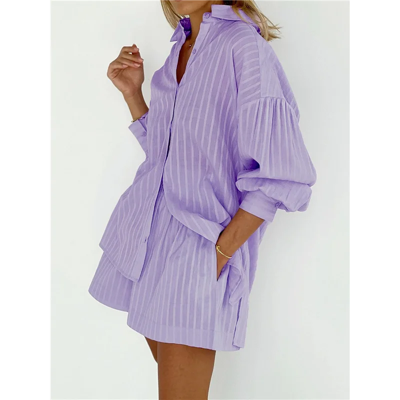 Hot Kf-Women's Summer 2 Piece Sets Striped Puff Sleeve Button Down Shirts Tops Matching Shorts Sets Casual Outfits