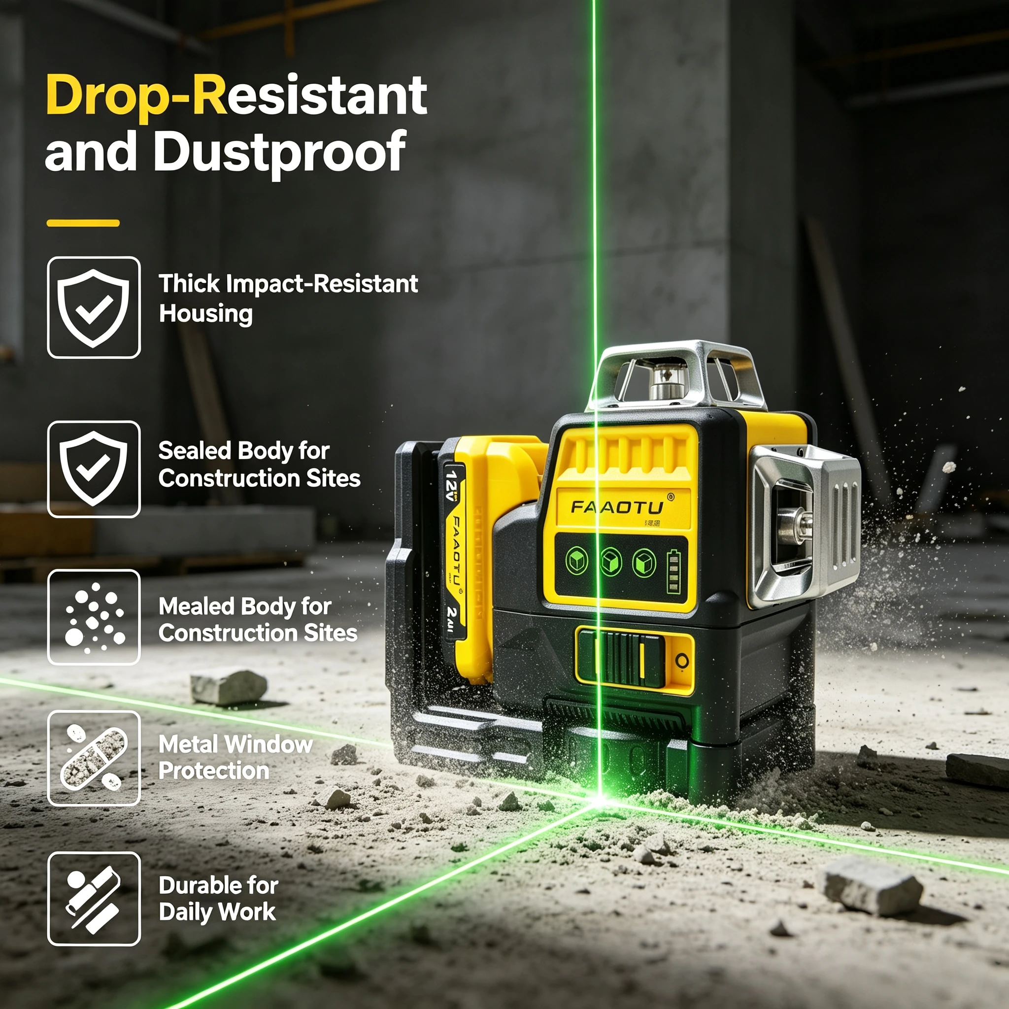 FAAOTU 12V Green Beam Laser Level, Same Tough Reliability as DW, Perfect for Construction Suitable for DW battery