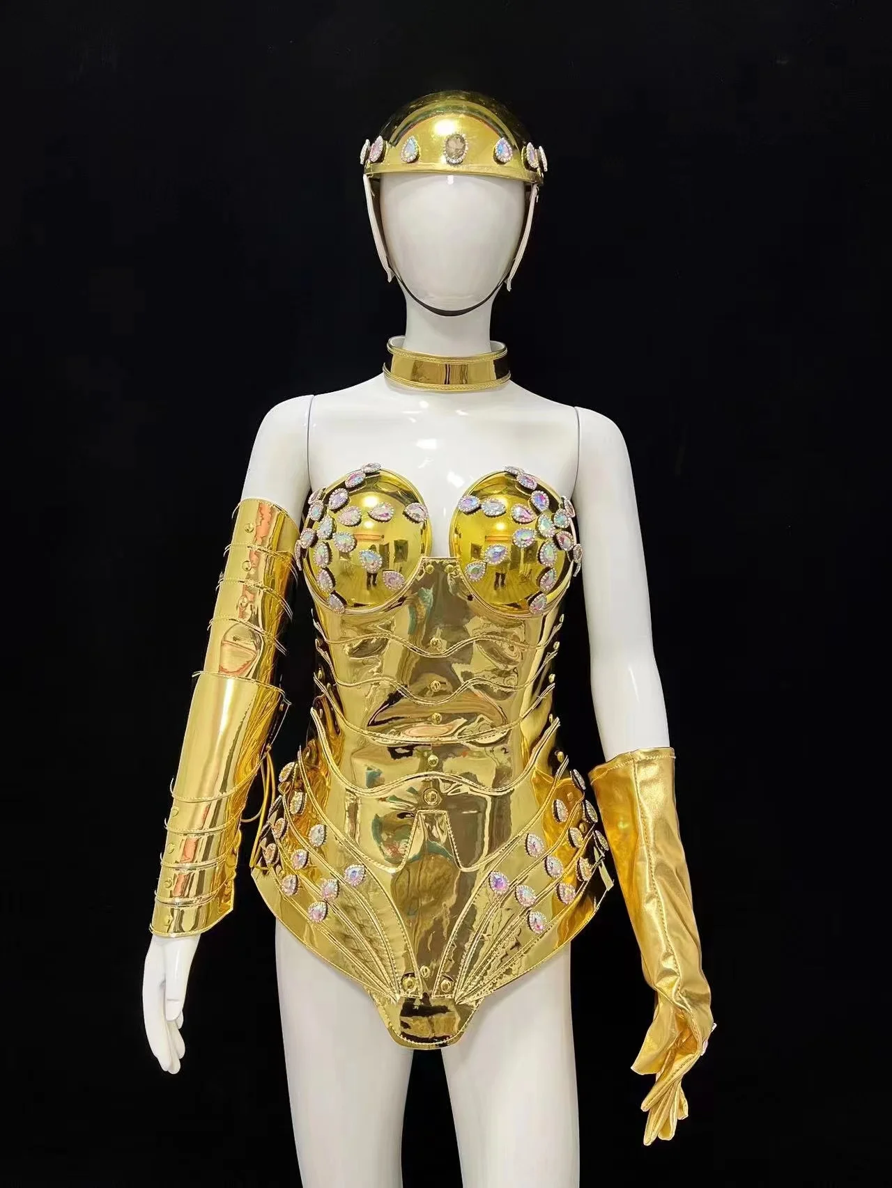 Tech Punk Style Gold Armor Rhinestones Bodysuit Women Stage Performance Wear Rave Outfit Nightclub Dj Ds Gogo Costumes