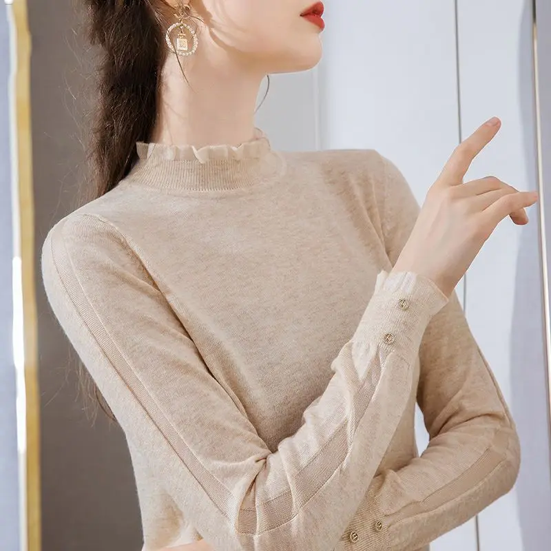 Half Height Collar Knitting Pullovers Ladies Spring Autumn New Interior Lapping Fashionable Ruffles Bottoming Shirt Elegant Tops