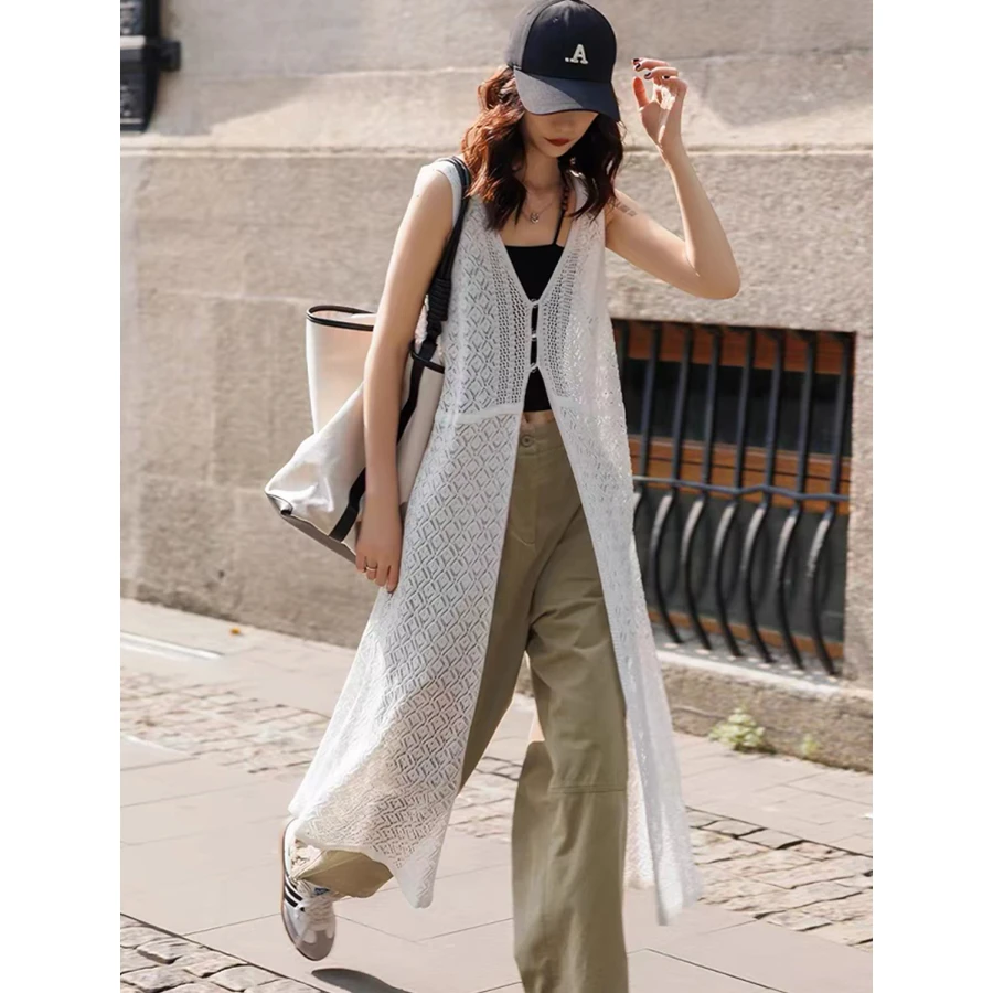 Women's Hollow out Long Thin Knitted Vest Dress Korean Style Loose Fit Summer Fashionable Top Layered Open Cardigan