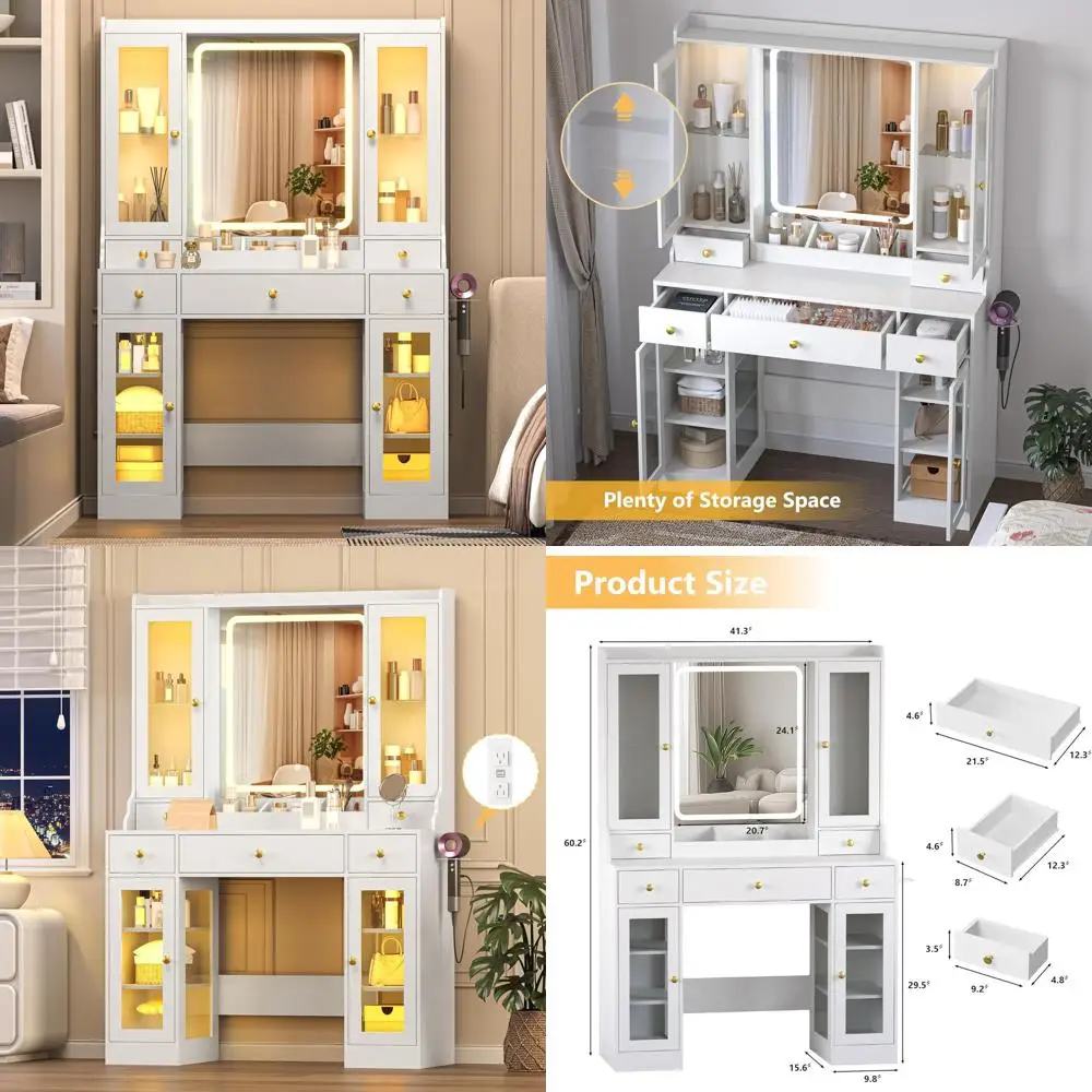 

Белый туалетный столик 41 дюйм с LED-подсветкой, 5 ящиками и 4 стеклянными шкафчиками, розеткой, регулируемой подсветкой для женщин и девочек B