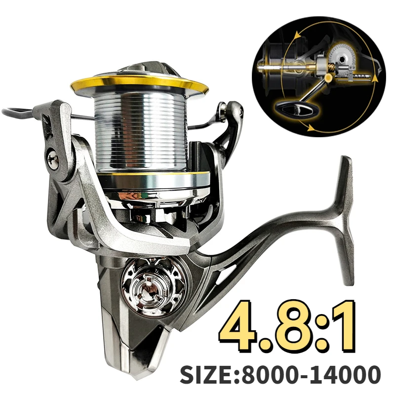 

Ultra Smooth Metal Spool Long Casting Saltwater Jigging Fishing Reel Drag 20kg 8000-14000 Series High Speed 4.8:1 for All Waters