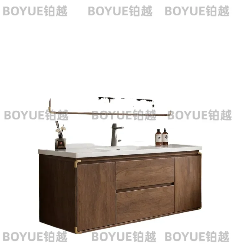 Modern Oak Solid Wood Bathroom Vanity with Mirror Cabinet Smart LED Light Ceramic Basin Washstand New Chinese Style Furniture