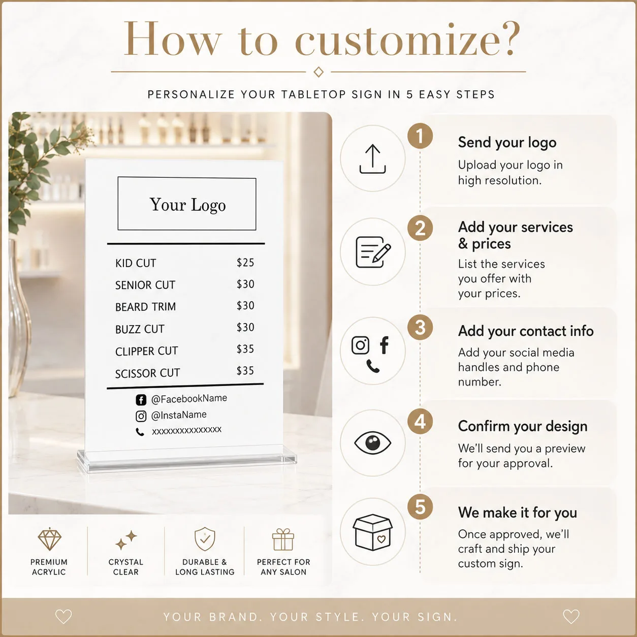 Personalized Acrylic Price List Sign With Stand Custom Business Logo Pricing Board Desktop Service Menu Plaque for Barber Shop view 6