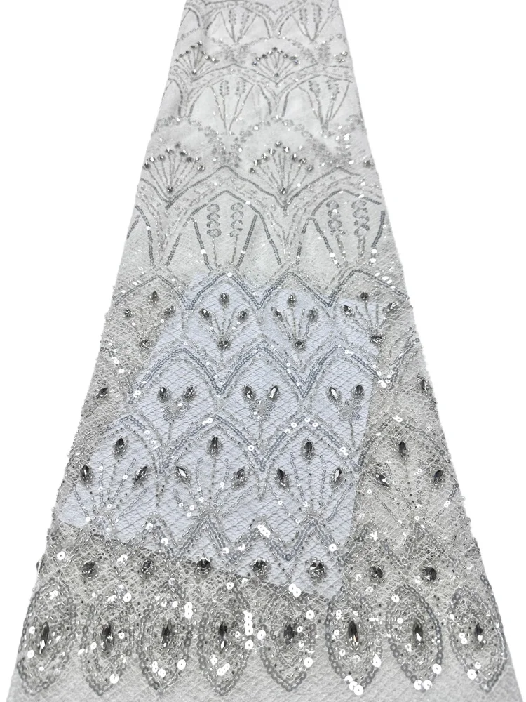 

Luxury African French Tulle Lace Fabric High Quality Beaded Nigerian Sequins for Wedding Dress Sewing