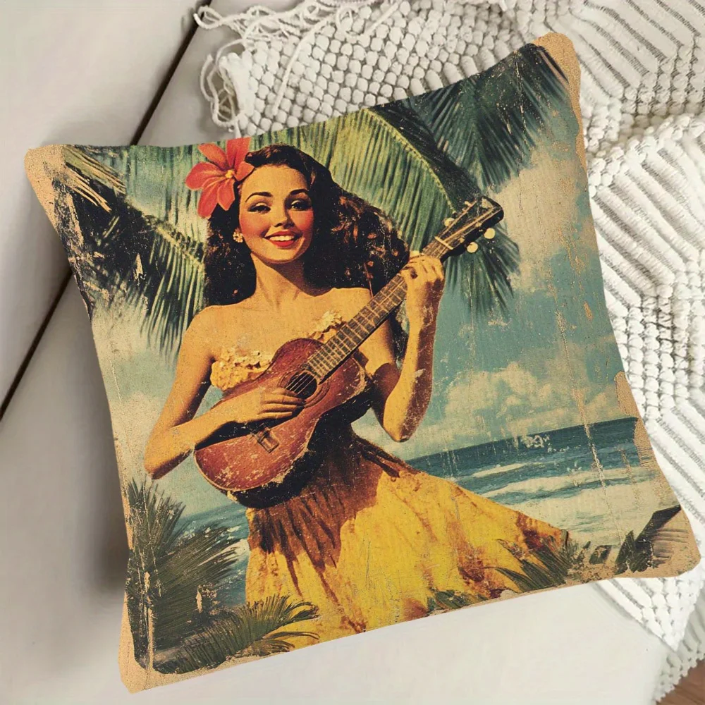 

1PC Vintage Hawaiian Retro Girl Postcard Style Pillow Cover, Fashion Decor for Sofa, Living Room & Bedroom