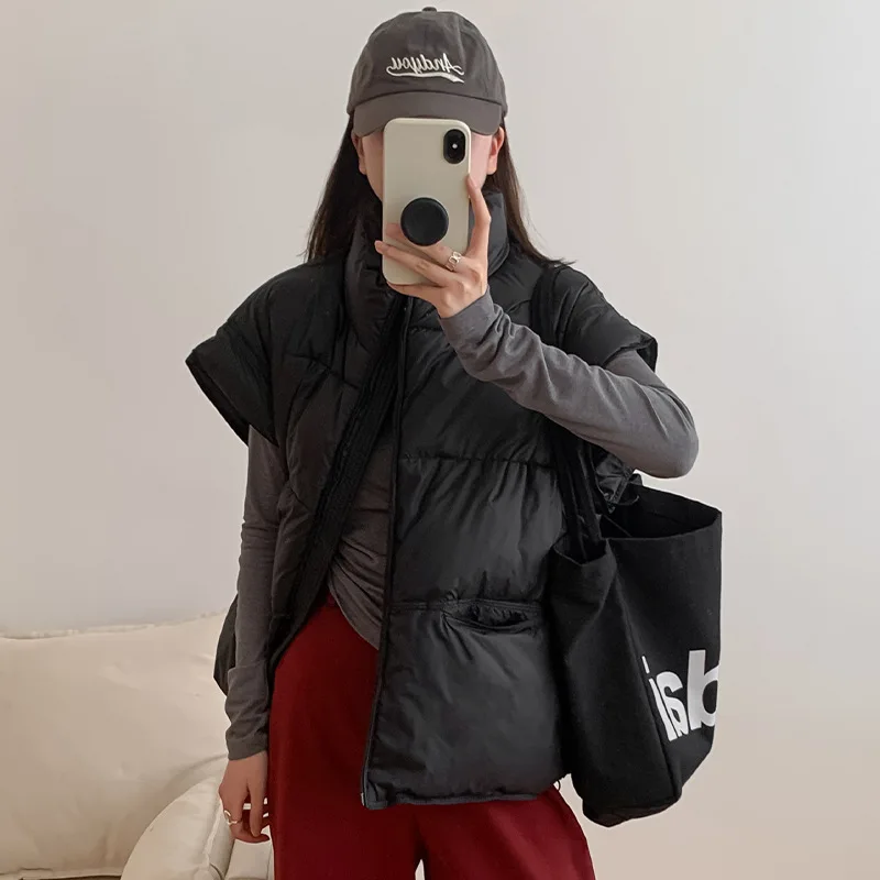 

Модные офисные женские повседневные зимние однотонные женские парки, пальто без рукавов, пальто с воротником-стойкой и карманами на молнии, толстый жилет