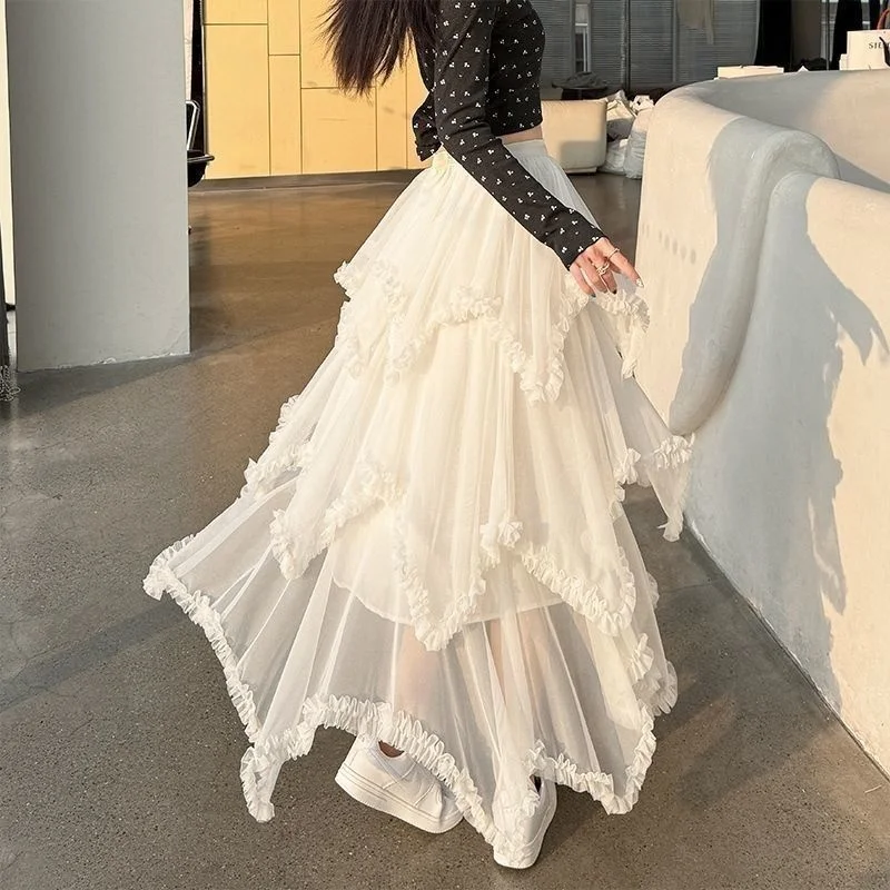 Versatile Asymmetrical Wood Grain Ruffle Splice Mesh Half Skirt Women's Spring New Puffy A-Line Cake Skirt Casual Style