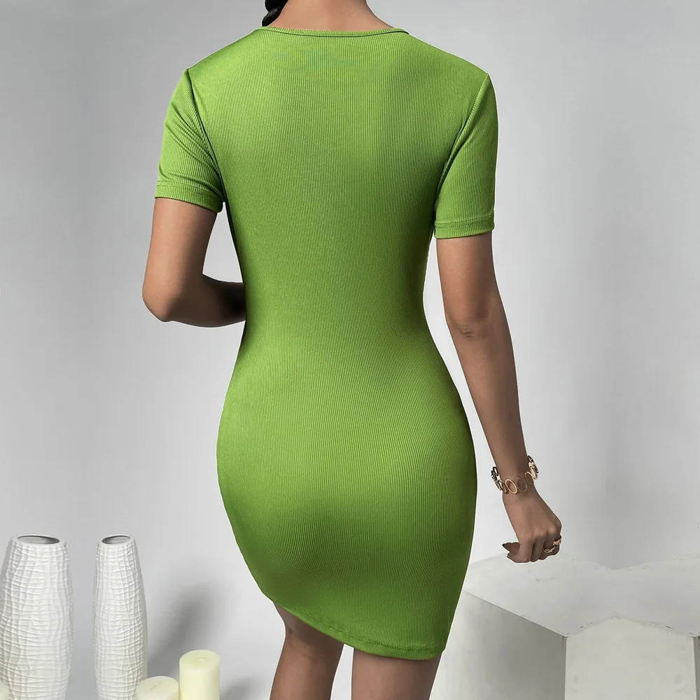 Green Knit A-line Dress Spring Summer Fashion Dress Hollow Out Solid Color Dress O-neck Short Sleeve Dress for Female 2023