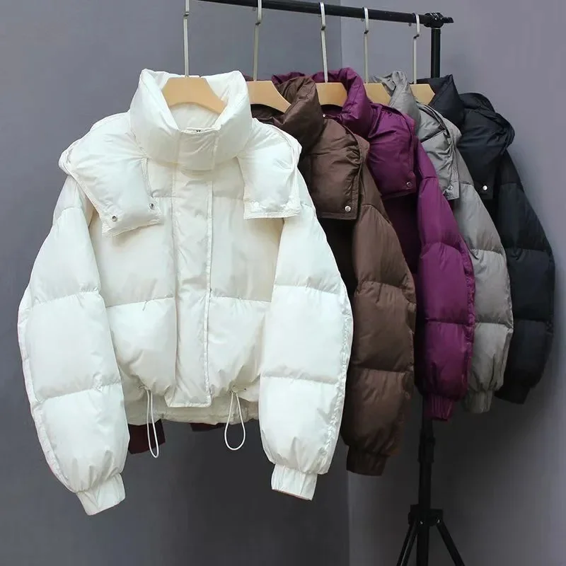 المرأة الشتاء القطن وسادة مبطنة عارضة مقنعين رشاقته جيب أسفل معطف فضفاض سستة أزرار قصيرة بسيطة الدافئة سترة معطف #6