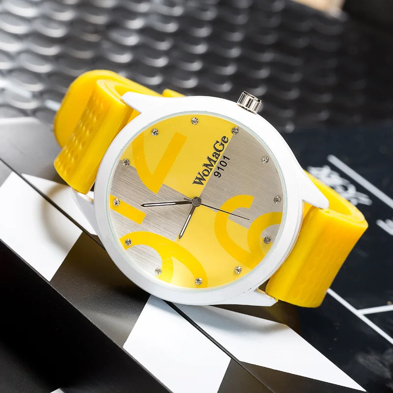 Womage Watch Women Fashion Big Number Yellow Watches donna Ladies Gilrs cinturino in Silicone orologi da polso al quarzo montre femme reloj