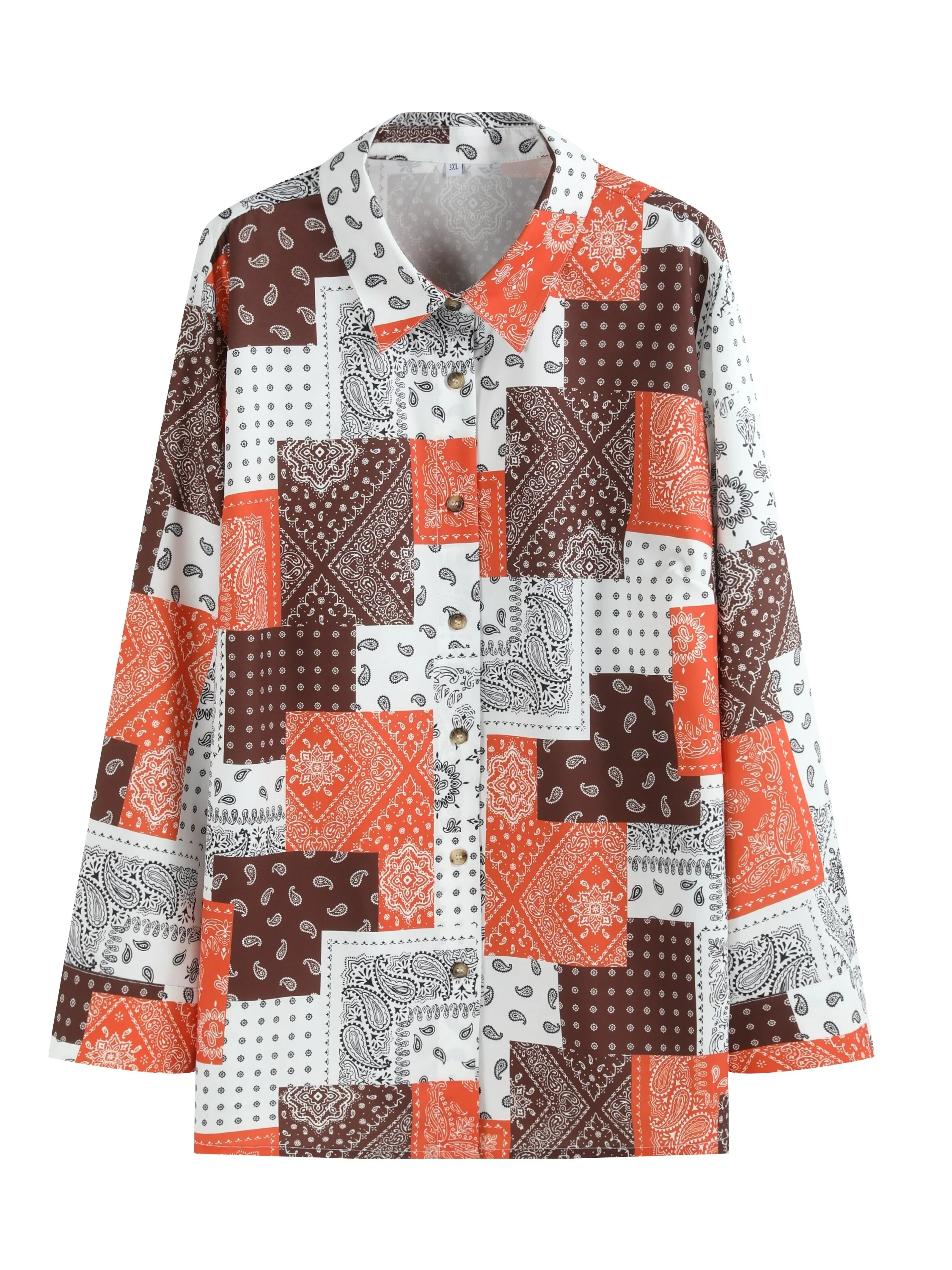 Plus Size Boho Blouse, Women\'s Plus Scarf Print Button Up Long Sleeve Turn Down Collar Blouse