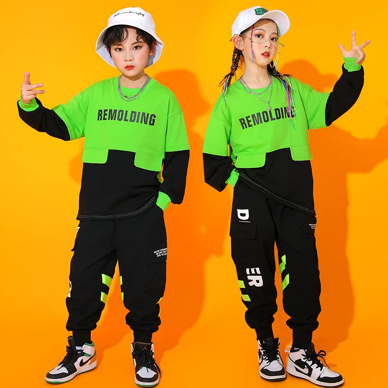 

Kid Kpop Hip Hop Clothing Green Black Sweatshirt Top Casual Striped Cargo Jogger Pants for Girl Boy Jazz Dance Costume Clothes