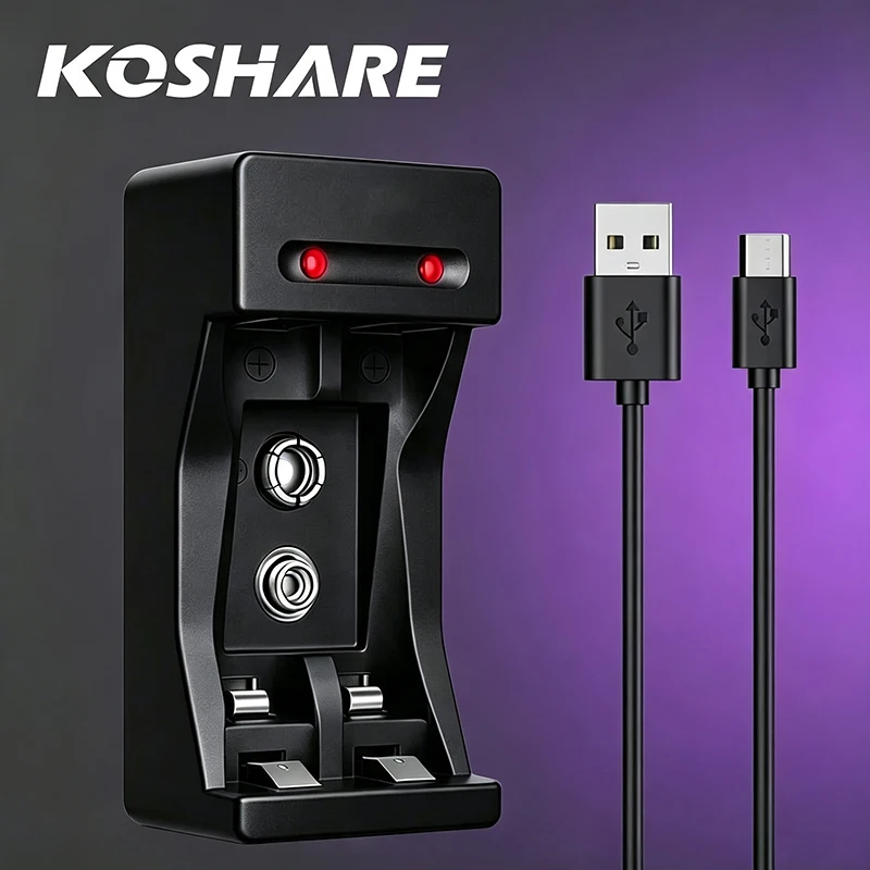KOSHARE 2 Bay LED Smart Battery Charger For 1.2V Ni-MH Rechargeable Batteries AA AAA 9V Rechargeable Battery With Type-C Cable