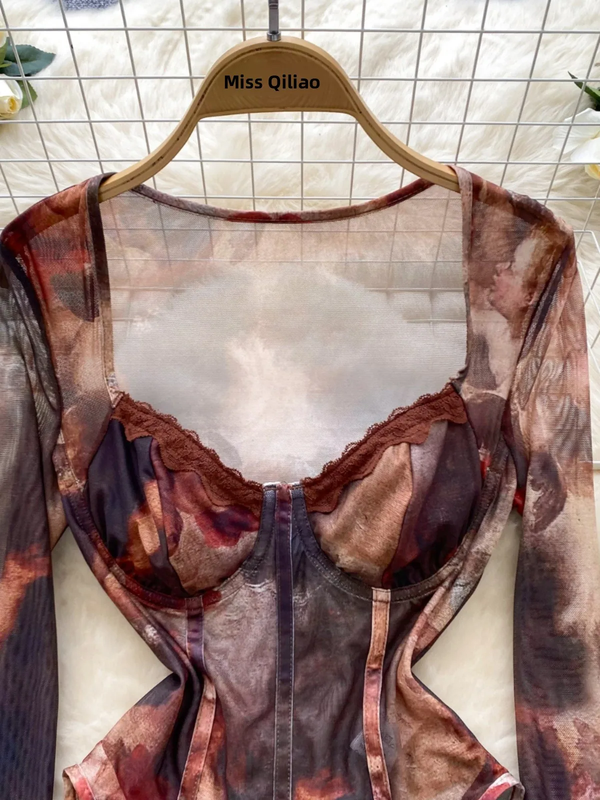 Sexy V-Ne Tie-Dye Long Sve Base irt Abbigliamento interno da donna Intimo Net Yoke Pant Vita alta Pantaloni ort Estate Online Ex...