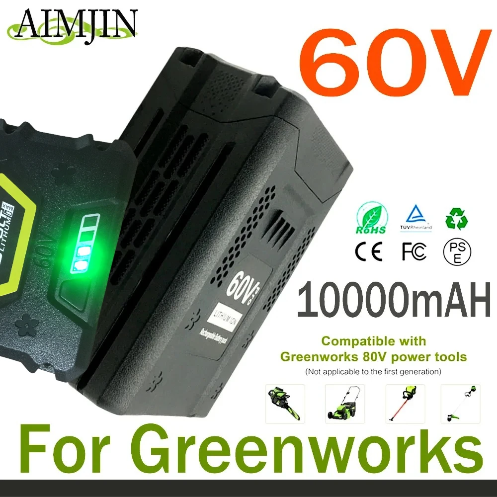 60V 6.0/8.0/10.0Ah Lithium Ion Battery Replacement for Greenworks PRO, 3X Longer Runtime for Brushless Lawn Mower GD60AB