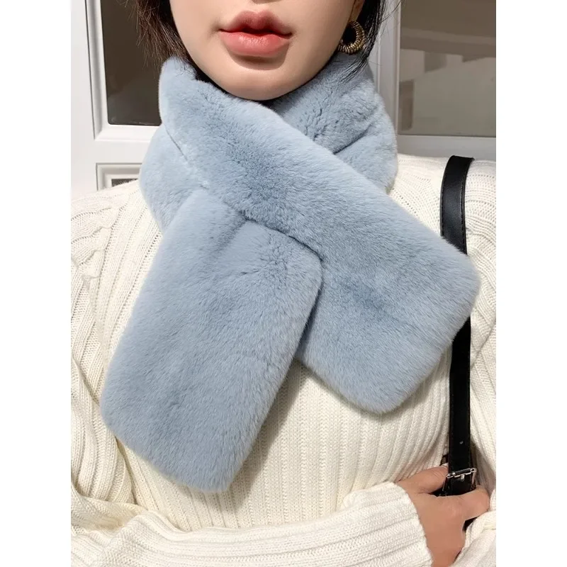 Whole skin Rex rabbit hair scarf women's winter Korean version solid color real fur scarf double-sided thickened warm