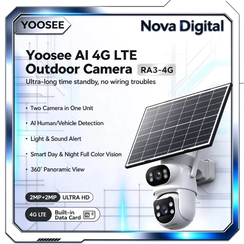 Yoosee RA3-4G Solar Camera Outdoor 4G LTE Wireless Security Camera With Two Lens Night Vision IP66 Weatherproof Daily Use