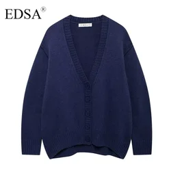 EDSA Women Pleated Sleeve Knit Cardigan Autumn Female Asymmetric Hem Ribbed trims Button-up Front Sweater Coat