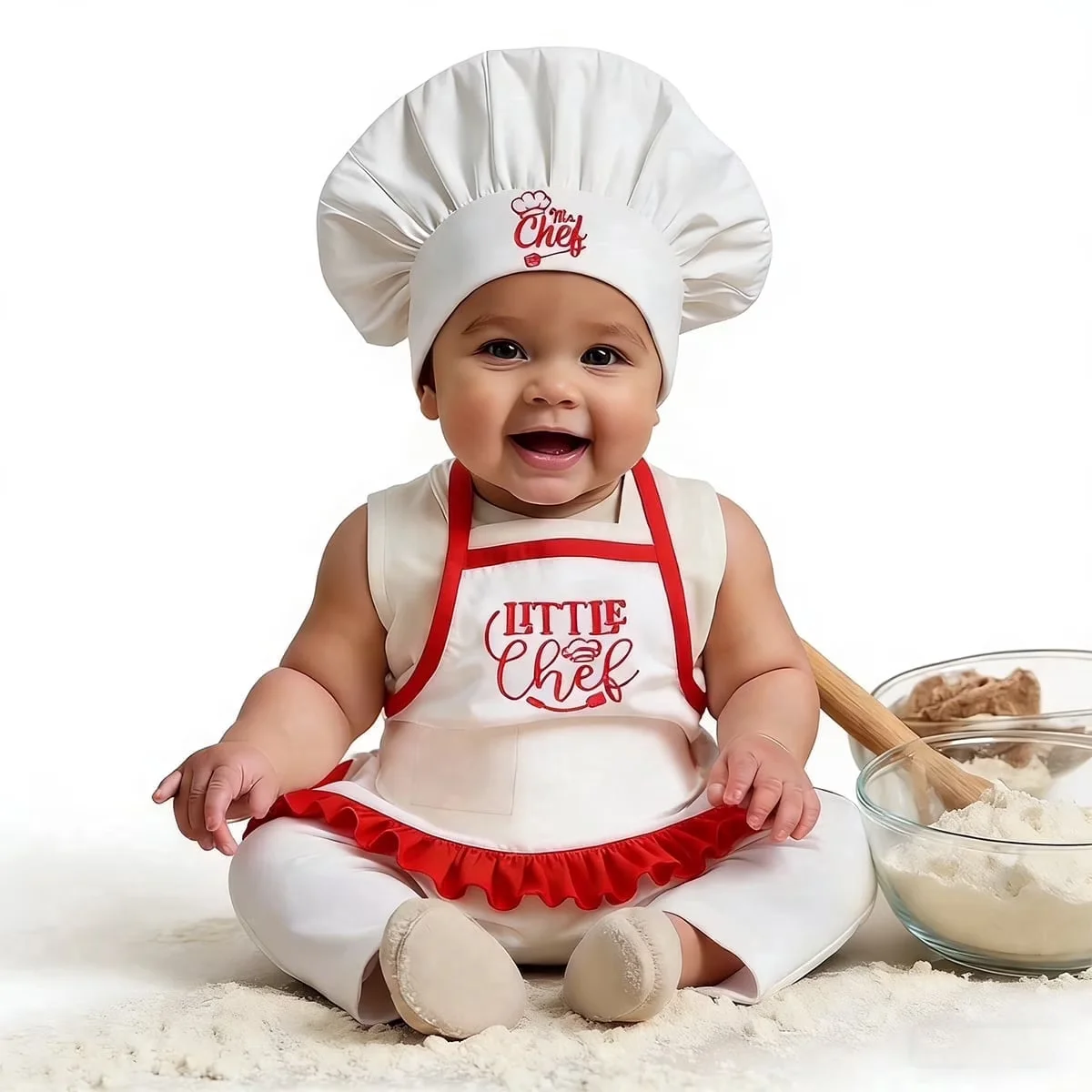 Ylsteed 2 Pcs Set Cute Baby Chef Apron and Hat Infant Kids White Cook Costume Photography Prop Newborn Hat Apron-HD