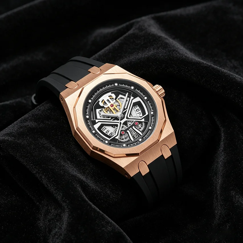 Luxury Octagon Men Quartz Watch Hollow Skeleton Dial Silicone Strap Wristwatch Fashion Business Waterproof Male Watch