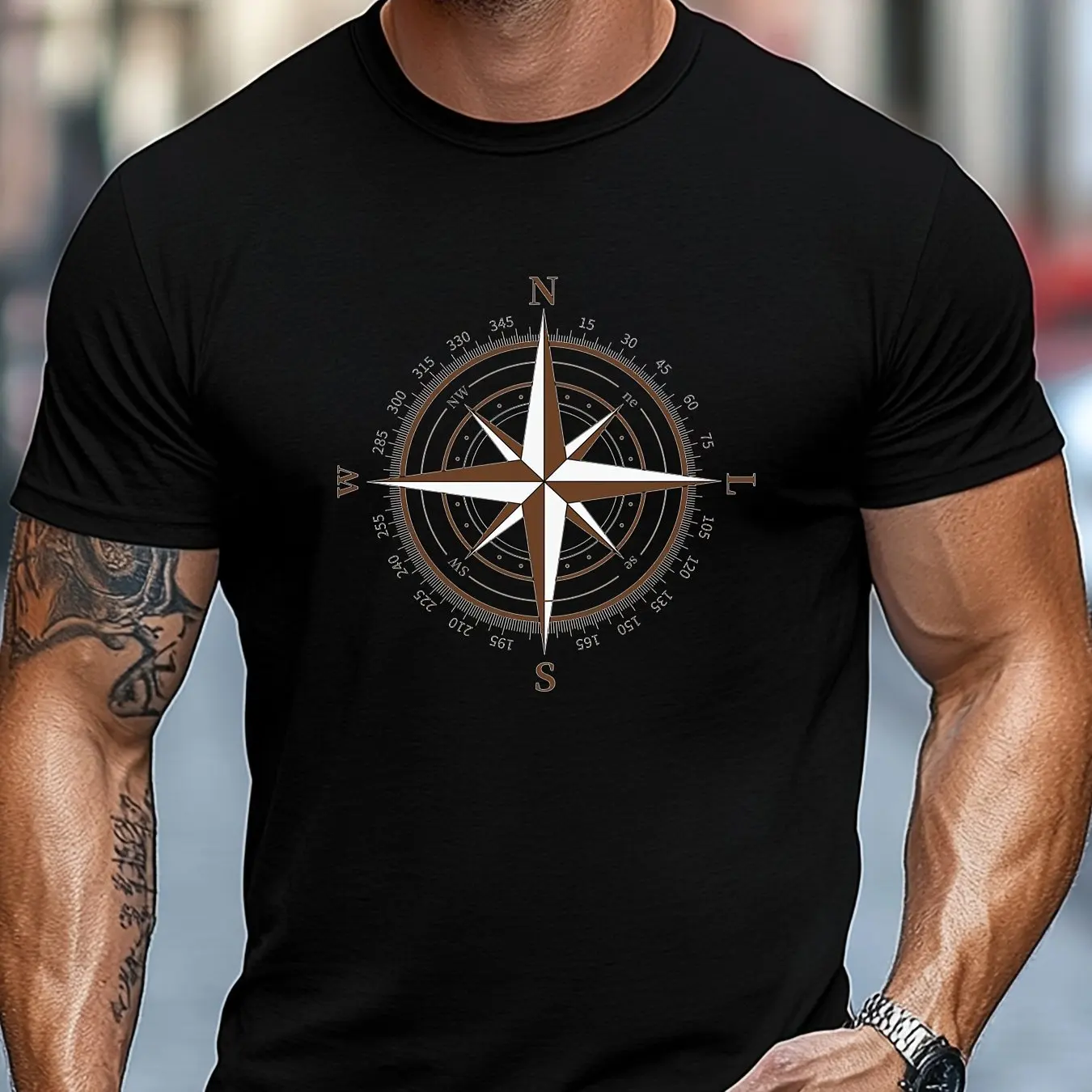 

Men Maroon Casual Short Sleeve T-Shirt with White Compass Rose Graphic Regular Fit Round Neck Men Clothing Comfortable