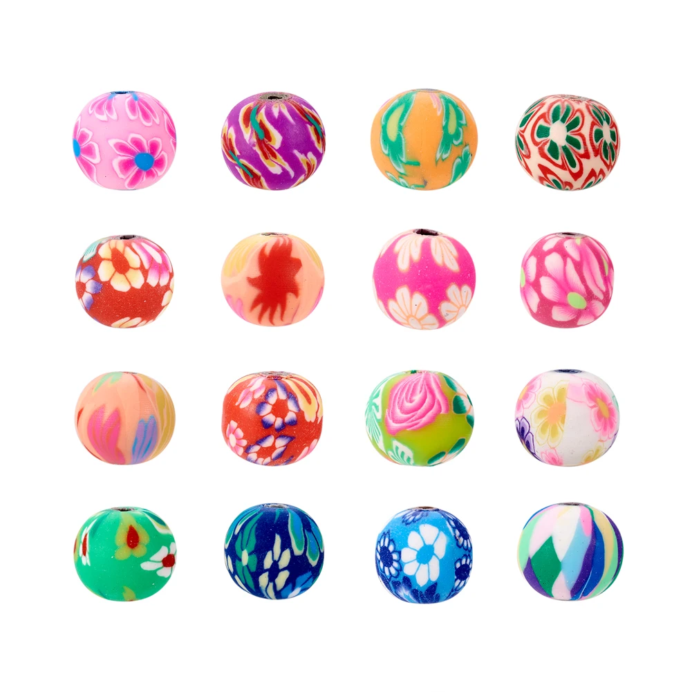 

200pcs Approx 10mm Pandahall Handmade Polymer Clay Beads Round Flower Printing Beads For DIY Jewelry Bracelet Necklace Hole: 2mm