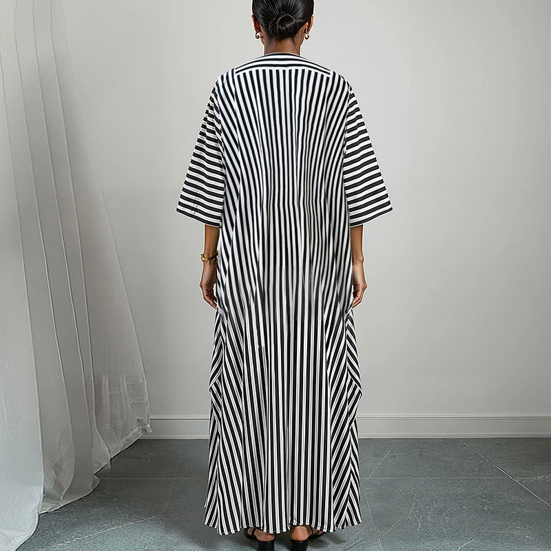 نمط طباعة السيدات الخامس الرقبة رداء فضفاض فستان عادية بأكمام طويلة عالية الخصر عطلة فستان أنيق الخريف البوهيمي فستان ماكسي #6